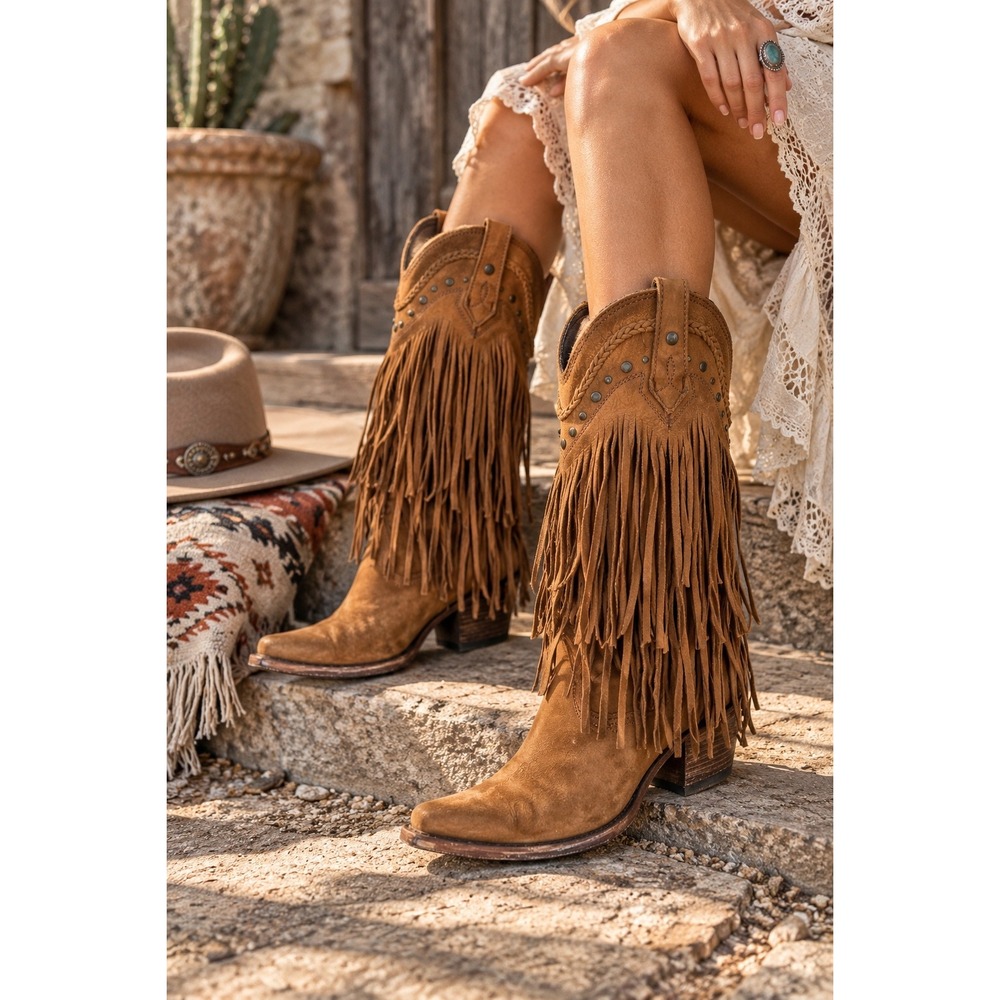 Liberty Black Vegas Fringe Boots Faggio LB71124 Brown Leather Western Boho 7